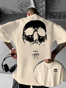 Men's Summer Fashion Stylish Round Neck T-Shirt, Dark Skull Print Design, Breathable Polyester, Casual Street Style Streetwear, Short Sleeve, Fitted Fit
