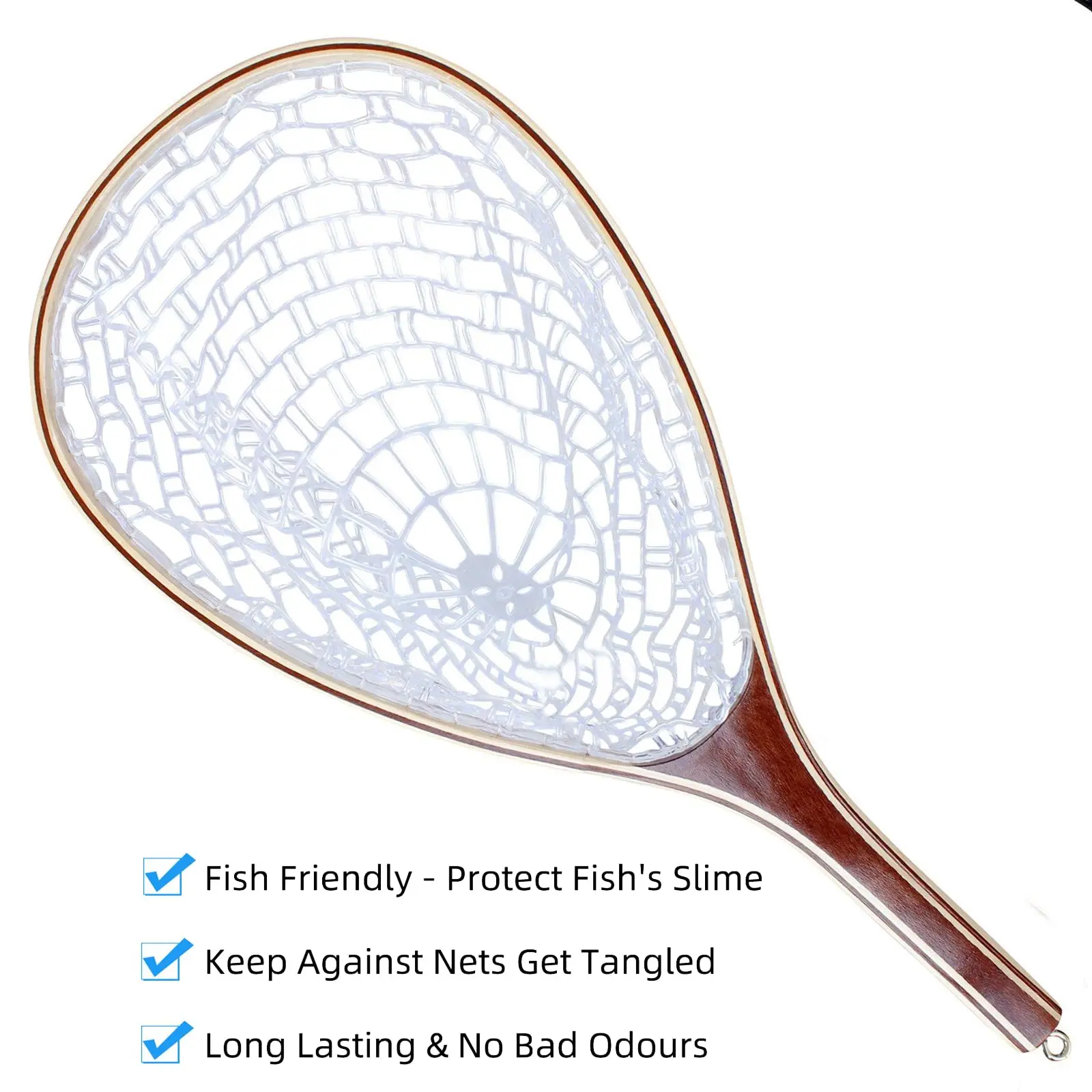 Fishing Net for Trout Salmon, Trout Fishing Net with Soft Rubber Mesh Wooden Handle, Fly Fishing Landing Net for Easy Catch and Release, Lightweight Fishing Net with Lanyard