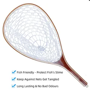 Fishing Net for Trout Salmon, Trout Fishing Net with Soft Rubber Mesh Wooden Handle, Fly Fishing Landing Net for Easy Catch and Release, Lightweight Fishing Net with Lanyard