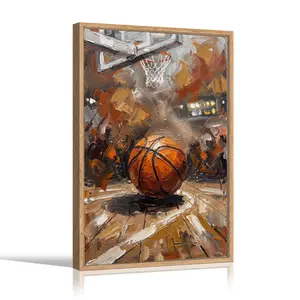 Wall Art Painting  Basketball Court Action Artwork Canvas Print Poster Living Room Bedroom Home Office Match Party Sports Decor, with Wooden Floating Frame Size 18X24inch
