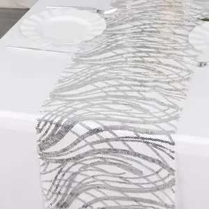 Mesh Table Runner 12"x108" Silver - Wave Embroidered Sequin Table Decor