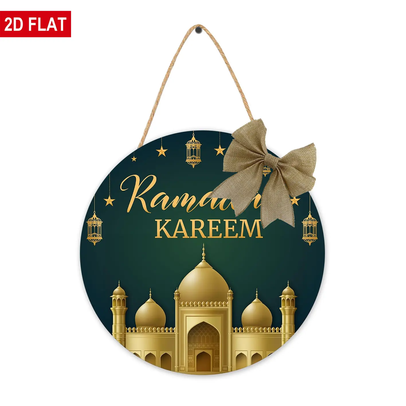 Ramadan Door Decoration Ramadan Kareem Sign Castle Lantern Star Wreath Hanging Plaque Eid Mubarak Decorations Wooden Wreath for Front Door Hanger for Muslim Porch Wall Indoor Home Decor