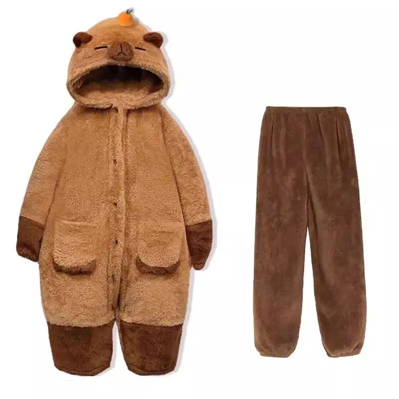 Winter Capybara Cosplay Pajamas Hooded Coral Velvet Nightgown Cartoon Cute Lolita Sleepwear Pants Birthday Gift Warm Clothing