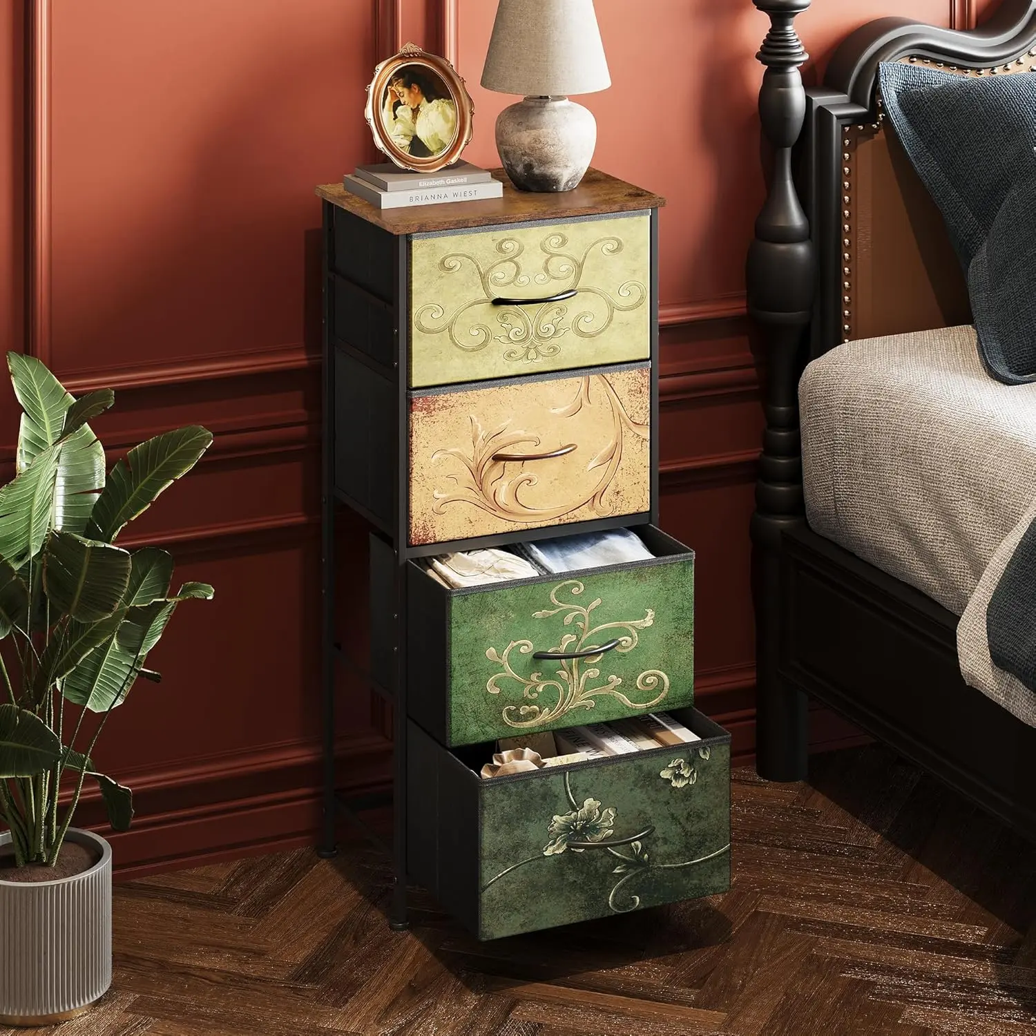 Slim 4-Drawer Modern Dresser - Bedroom Storage Cabinet with Wood Top for Lamps & Books, Space-Saving Clothes Chest, Indoor Bedside Furniture, Drawer Chest Organizer, Removable Drawers