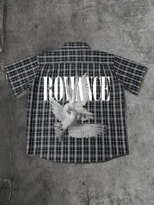 Men's Plaid Short Sleeve Button-Up Casual Shirt, Gothic Streetwear with Pigeon Graphic, Y2K Vintage Style, Youth Boys and Young Men, Summer Skateboard Fashion, Top, Menswear
