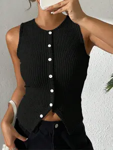 Women's Slim Fit Knitted Striped Sleeveless Vest, Round Neck, Split Hem Button Design, Fashionable Elegant Aesthetic Casual Lady Top for Daily Wear, Womenswear