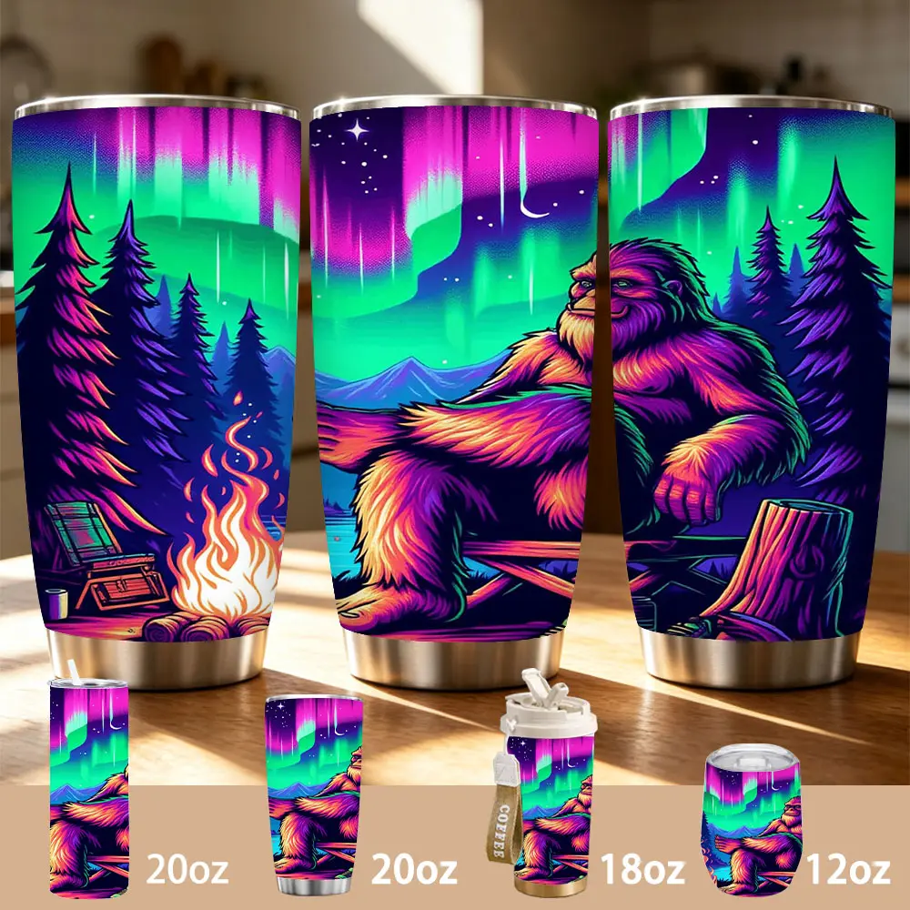 Portable Vibrant Night Cryptid Themed Stainless Steel Insulated Tumbler - Campfire & Aurora Borealis Design - 12/18/20oz Multi-Size Vacuum Flask - Keeps Cold/Hot for Hours - Ideal Gift for Camping Enthusiasts