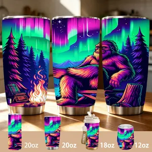 Vibrant Night Bigfoot Tumbler, Campfire & Aurora Borealis Design, 12/18/20oz Multi-Size Stainless Steel Insulated Cup, Keeps Cold/Hot for Hours, Ideal Gift for Cryptid & Camping Lovers