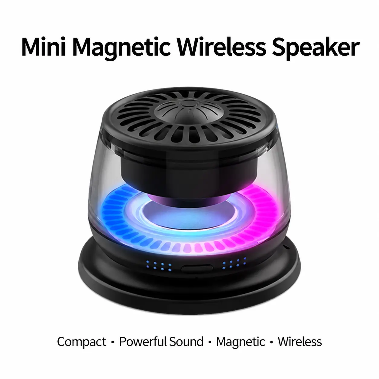 Mini magnetic wireless speaker, a magnetic speaker that synchronizes music with lights, a magnetic wireless speaker with a phone stand function, a portable magnetic wireless speaker suitable for travel / camping.