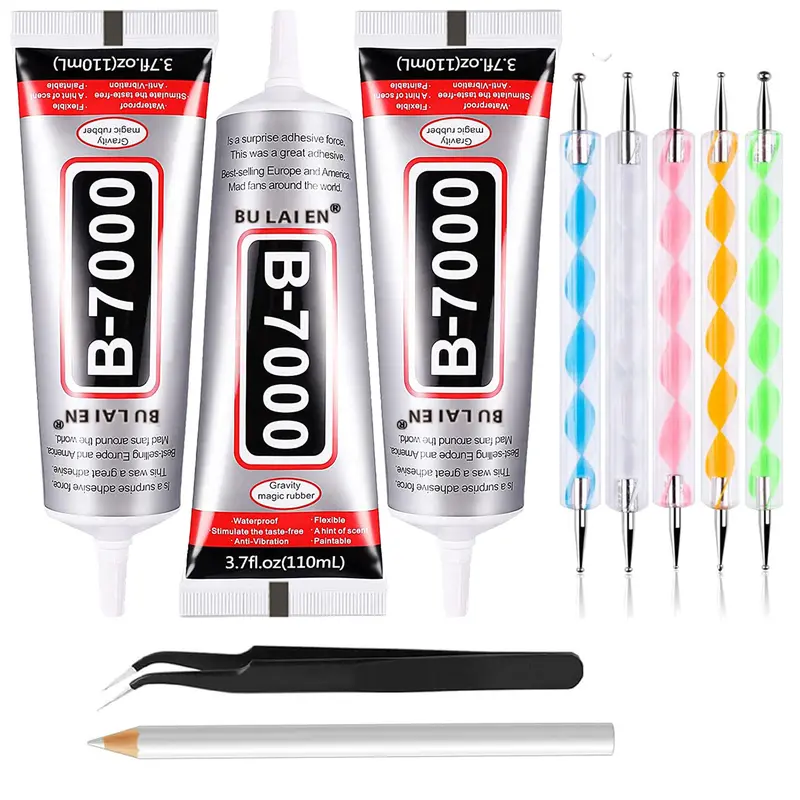 110ml/3.7 Fl Oz Multi-Purpose B6000 Adhesive, Clear Crafting Glue with Precision Dotting Pens, Wax Pencil & Tweezer Kit for Jewelry, DIY Projects & Art Creation