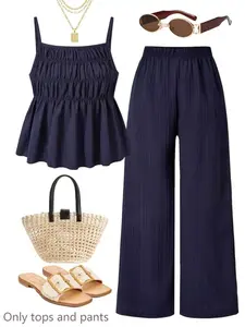 Casual Wrinkled Texture Sleeveless Tank Top & Wide Leg Pants Set, Matching Sets, Perfect for Daily Wear, Vacation, Sister Photos, Spring Summer Clothing, Womenswear
