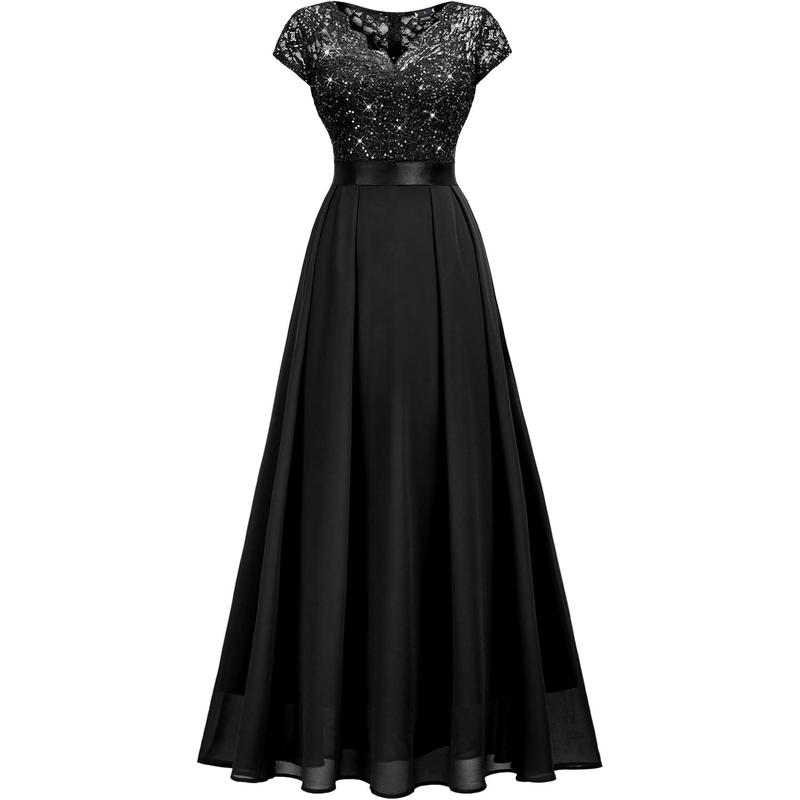 Women's Elegant V-Neck Cap Sleeve Sequined Floral Lace Formal Party Maxi Dress (X-Large, Black)AEleqanza22