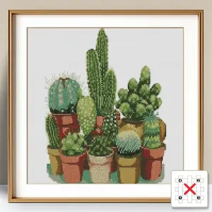 Cactus Plants Pattern Cross Stitch Embroidery Kit without Frame, 1 Set DIY Cross Stitch Kit for Adults, Home Bedroom Wall Art Kit