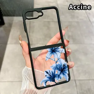 Blue Lily Grace Pattern Foldable TPU Phone Case with Axis Guard and Complete Lens Protection for Z Flip 7/6/5/4 Shockproof Silicone Transparent Cover