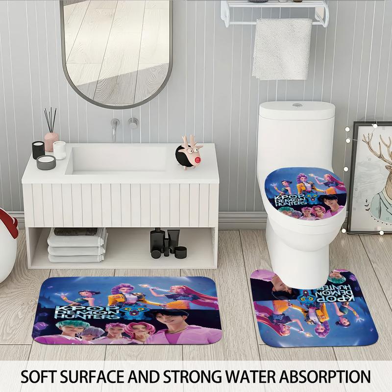 K-POP Demon Hunters Bathroom Set, Shower Curtain with Hooks, Non-Slip Bath Rug, U-Shaped Toilet Mat, Toilet Lid Cover, Bathroom Decoration Accessories