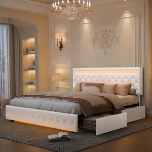 GEGOFORU Queen LED Bed Frame with Storage Drawers – Smart RGB Lights, Adjustable Upholstered Headboard, Modern Platform Bed, No Box Spring Needed | Christmas Gift