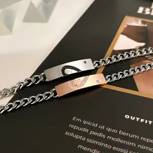 City Fashion Hip Hop Cuban Link Chain, Titanium Steel Couple Bracelets for Men & Women,2pcs His and Hers Couple Bracelets set