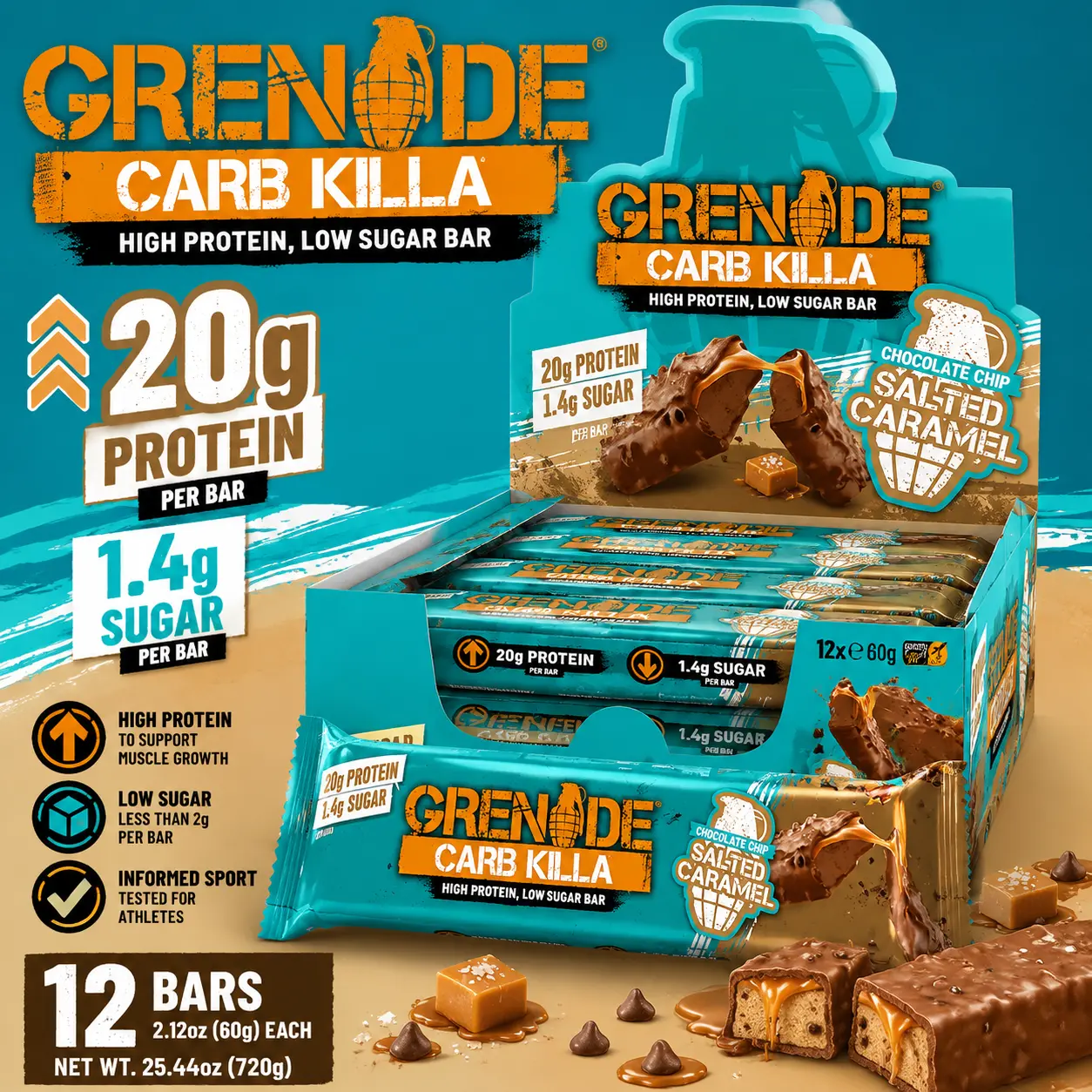 Grenade UK Protein Bar Chocolate Chip Salted Caramel 2.12 oz 12 Count  High Protein Snack Bars | Imported British Fitness Treats