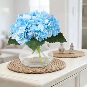 Realistic Artificial Hydrangea Silk Flowers in Glass Vase with Faux Water, Elegant Faux Floral Centerpiece for Table, Shelf, Bathroom, Home, or Wedding Decor