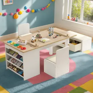 3 in 1 Kids Art Table and Chair Set, Art Desk & Easel w/ Storage Shelves, Drawers, Paint Cups, Paper Roll, Toddler Table and Chair Set w/ Bench & 2 Chairs for Draw, Write, Play, Crafts