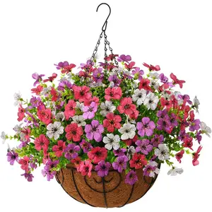 Artificial Faux Hanging Plants Flowers Basket for Outdoor Spring Decoration,Fake Silk Daisy in Planter Realistic UV Resistant for Outside Home Porch Patio Balcony Yard(Purple White Rose)