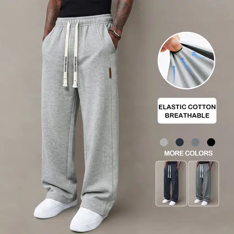 Men’s casual pants for autumn—loose straight-leg, heavyweight, soft long pants with stretch; thick athletic bottoms suitable for basketball, running, and gym wear.