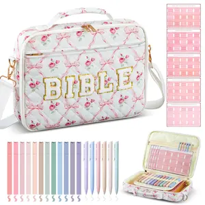 Valentine's Day Gift Bible Bag for Women Quilted Bible Cover Case with Aesthetic Annotation Supplies 12x9x2.5In Large Capacity Bible Chenille Letter Bible Case with Bow Love Patterns and Shoulder Strap for Christian Women Girls, Bible journaling Kit