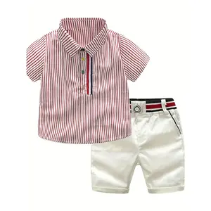 Boys Summer New European and American Style Korean Short sleeved Shirt Elastic Shorts Set Two Pieces