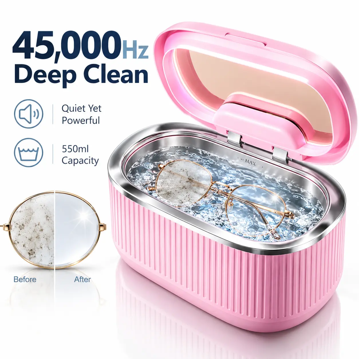 Fashome Ultrasonic Jewelry Cleaner with 45,000Hz Frequency, 550ml Food-Grade 304 Stainless Steel Tank, 5 Smart Preset Modes & Adjustable Power, Quiet Portable Cleaner for Rings Necklaces Watches Dentures