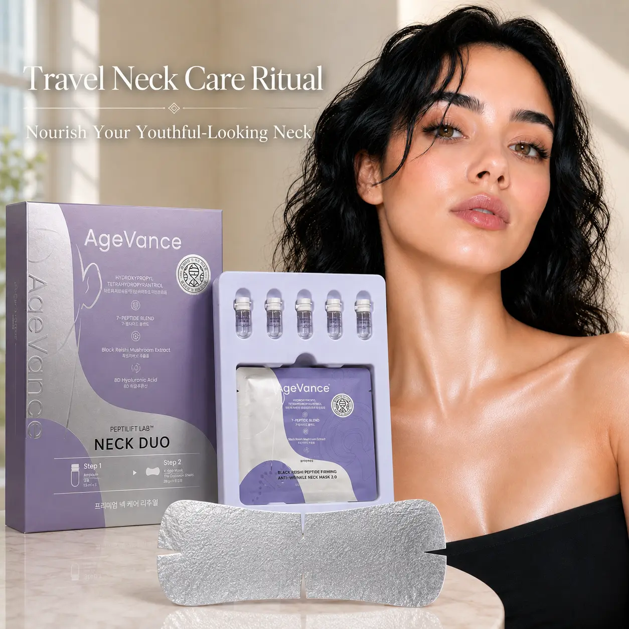 [AgeVance] PeptiLift LAB Neck Duo | Black Reishi Peptide Firming Anti-Wrinkle Neck Care Mask with 7-Peptide Complex + Hyaluronic Acid | Helps Improve the Look of Neck Wrinkles, Fine Lines, Sagging Skin, Turkey Neck & Double Chin | Korean Beauty Skincare