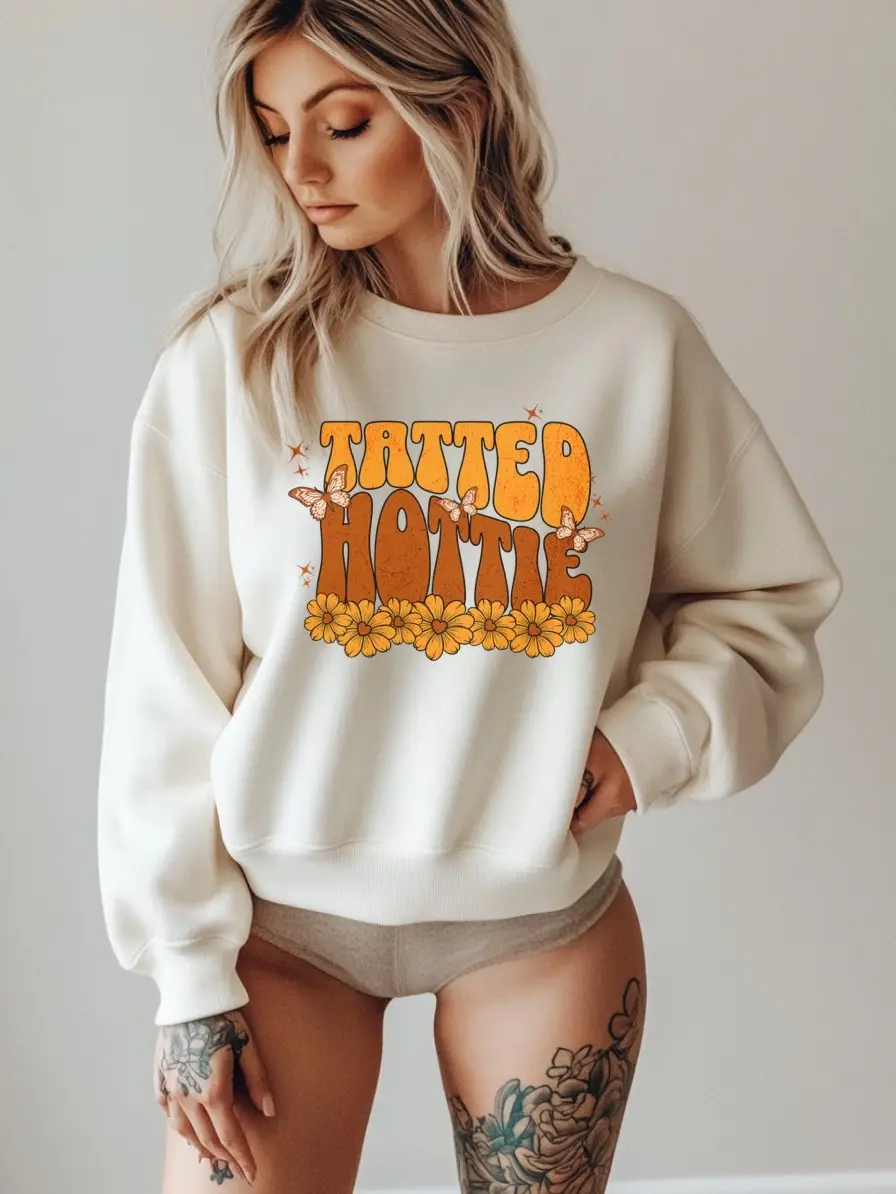Tatted Hottie Women's Crew Neck Sweatshirt - Stylish Tattoo Graphic Pullover, Cozy Long Sleeve Sweater, Trendy Inked Girl Apparel, Comfortable Streetwear for Tattoo Lovers, Fall Winter Fashion
