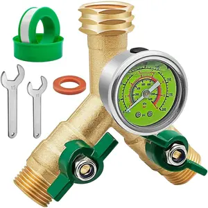 Brass Splitter Full Flow, Hose Splitter 2 Way, Large Rotate Grip Handles Hose Y Splitter with Shutoff, Splitter with 0-200 PSI Pressure Gauge, 3/4" GHT Threads