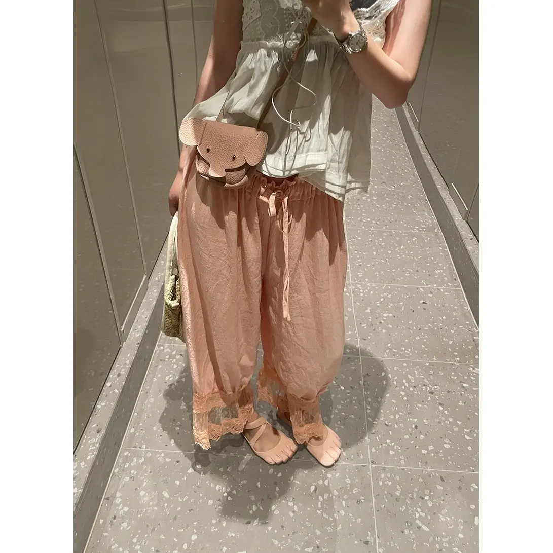 Vacation light orange lantern patchwork lace pants, loose casual cropped pants, tulip pants