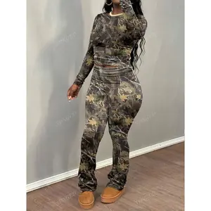 trendy Women's 2pcs Camouflage Print Outfit - Elegant Long Sleeve Crop Top & High-Waist Pants Set, Polyester Blend, Machine Washable for Spring/Fall Women's Fall Wide Leg Lounge Set Clothes Suits