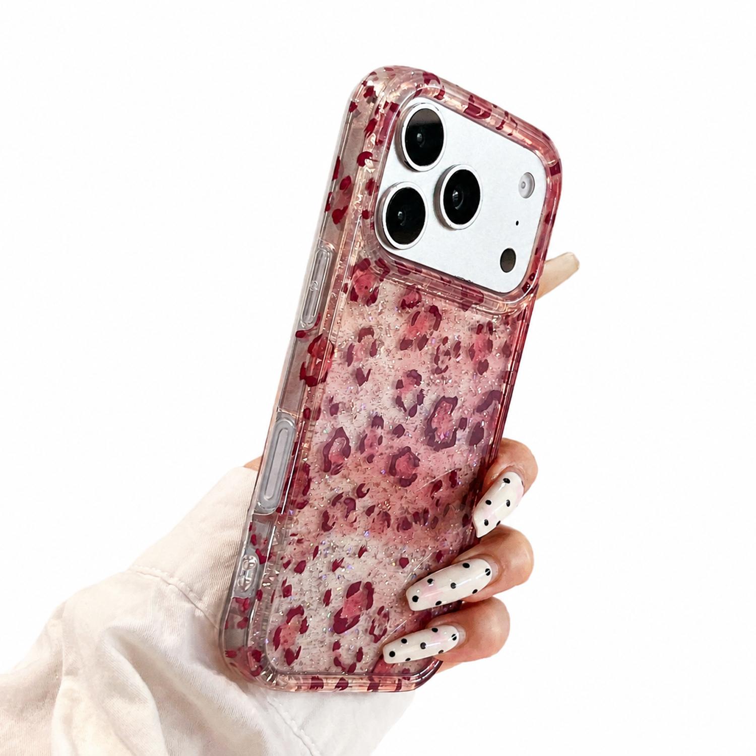 For iPhone 17 16 15 Pro Max Leopard Print Shockproof Cute Luxury Bling Sparkle Translucent Clear Vintage Cheetah Print Silicone Phone Case for Girls Women