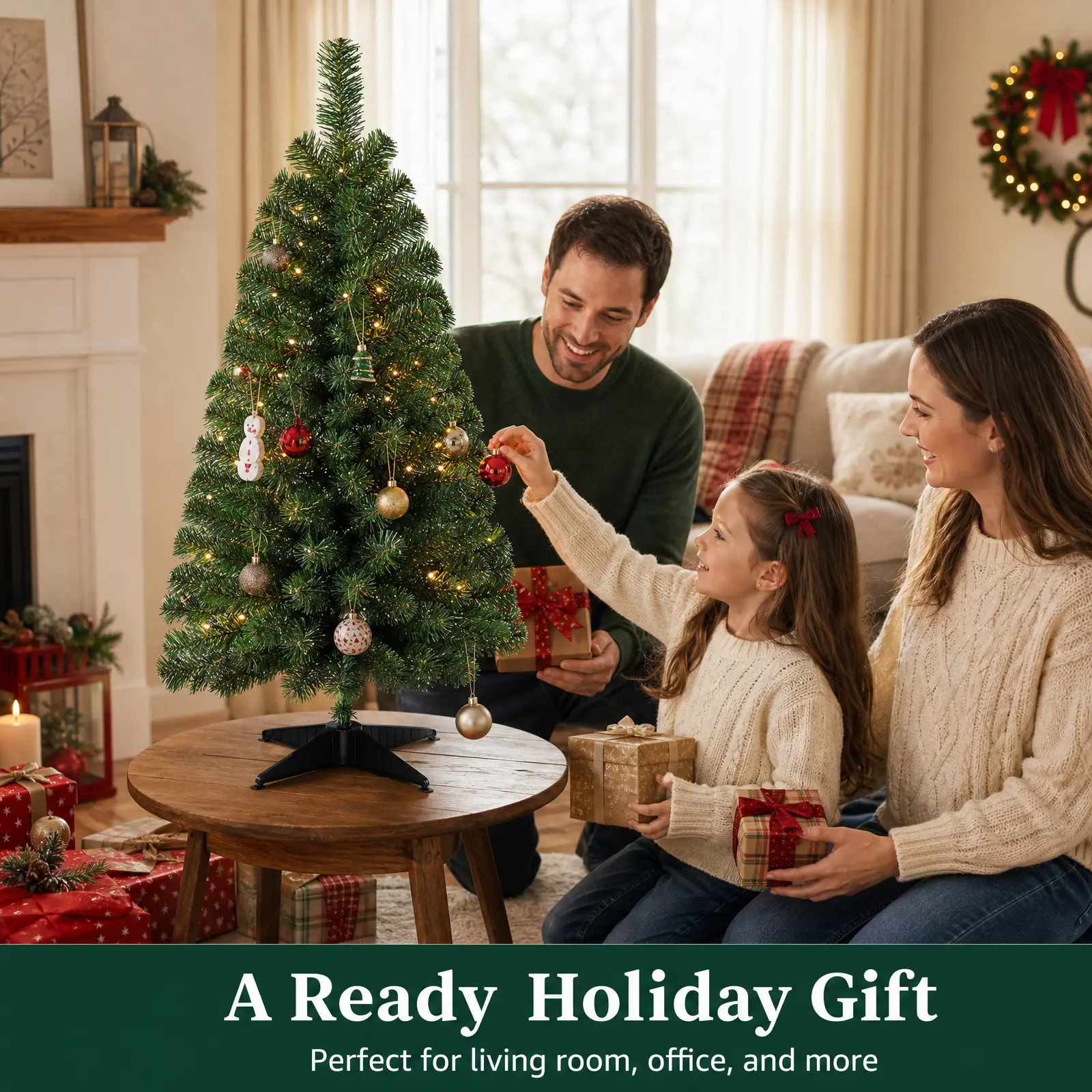 3FT Pre-Lit Tabletop Christmas Tree with Pre-Installed Lights, Premium PVC Artificial Pine Holiday Tree, Sturdy Stand, Dense Branches Compact Mini Tree for Small Space Apartment Office Desk Entryway Indoor Home Decor Party Display homedecor