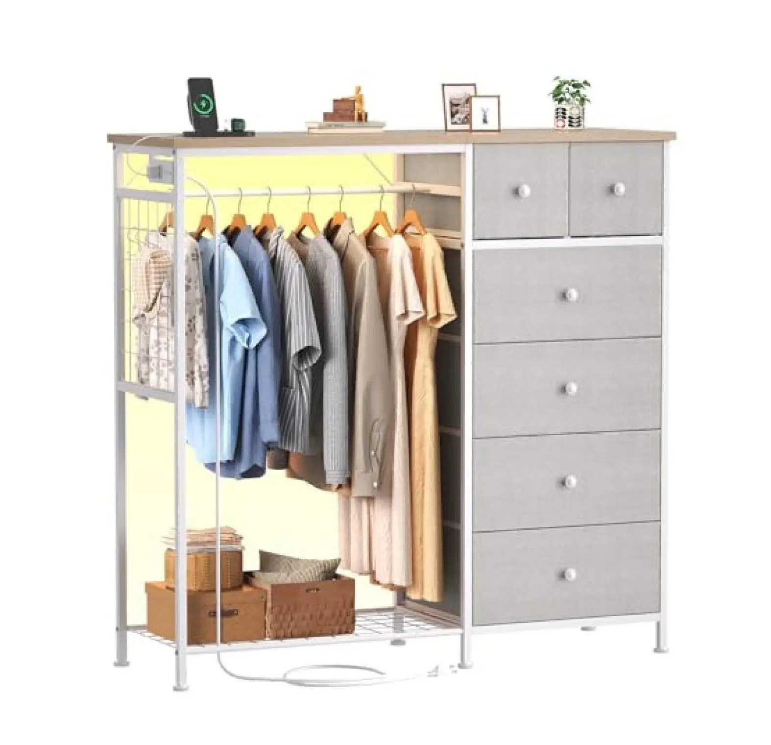Fabric Locker Organizer with Charging Station, 6 Drawer Dresser with Hanging Rod - Bedroom Clothes Storage, Modern Wardrobe with LED Lights