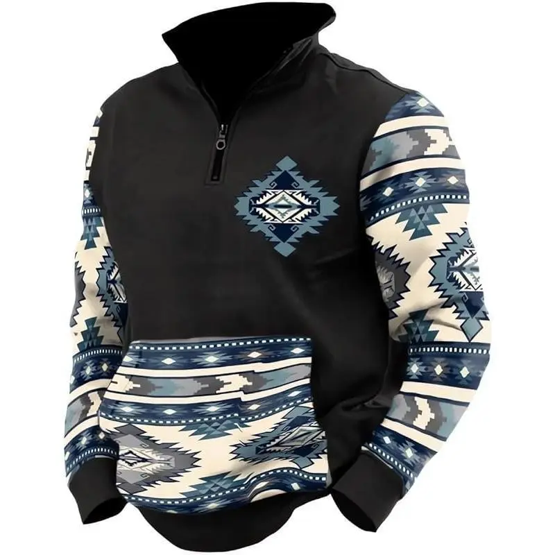 Aztec Cowboy Mens Hoodie Vintage Graphic Western Hoodies for Men Casual Long Sleeve Half Zip Pullover with Pocket Menswear Stylish Kangaroo Outdoor