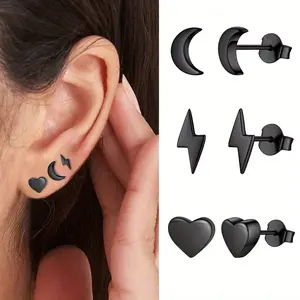 3 Pairs Chic Women/Men Black Stainless Steel Ear Stud Set Bohemian Heart Moon Earrings Party Travel Geometry Stud Earrings Set