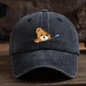 Vintage Washed Cotton Baseball Cap, Funny Peeking Bear Zippered Dad Hat, Adjustable Retro Streetwear Sun Hat for Men & Women