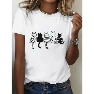 Women's Cartoon Cat Print T-Shirt - Loose Fit Short Sleeve Crew Neck, Breathable Summer Casual Tee , Machine Washable for Daily Wear & Parties, Cat Tshirt, Relaxed Fit Shirt