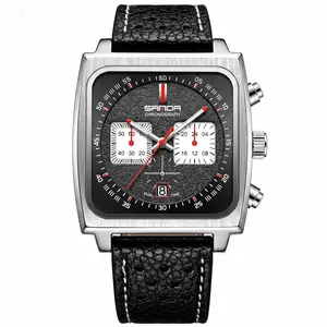 Men's Square Chronograph Watch 6-Needle Quartz & Racing Leather Strap