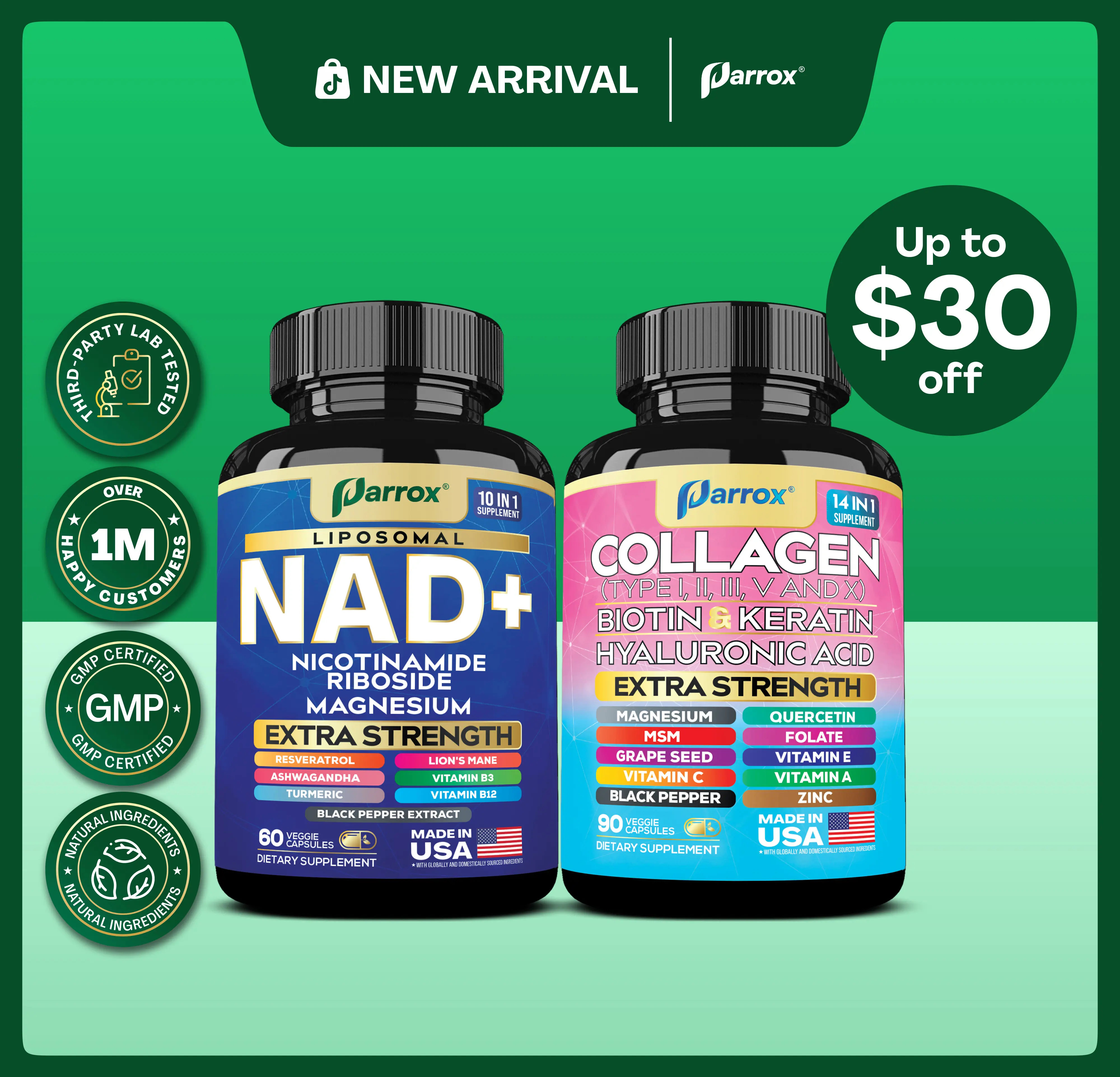 Forever Young Set - PARROX NAD+ & Collagen Healthcare & Dietary Supplement Combo for Extra Skin Aging Support, Hair Health, & Overall Wellness - Made in USA