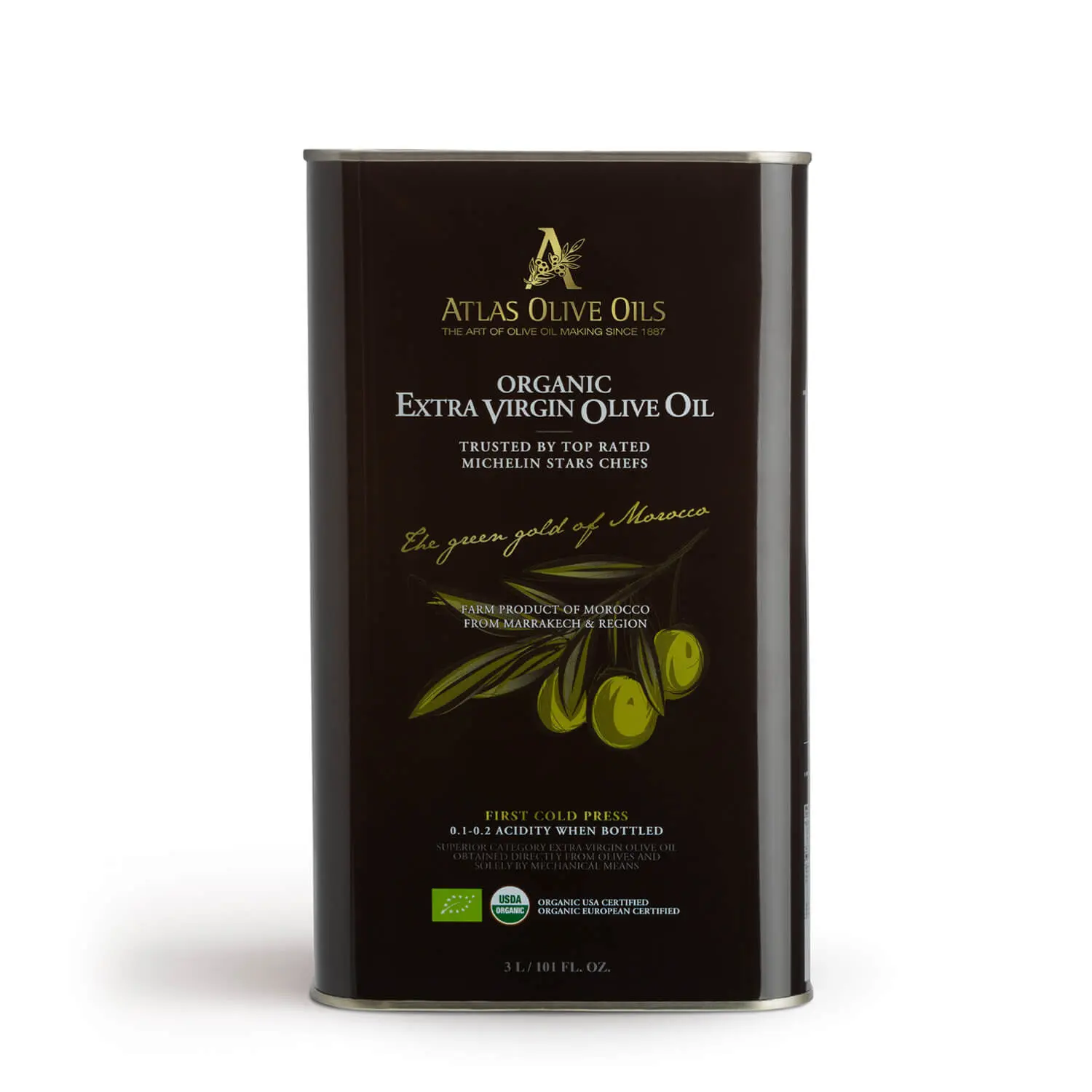 ATLAS Organic Extra Virgin Olive Oil Metal Tin of 101,44 OZ (3L) - Moroccan and Polyphenol Rich - Carbon Neutral - Low Acidity