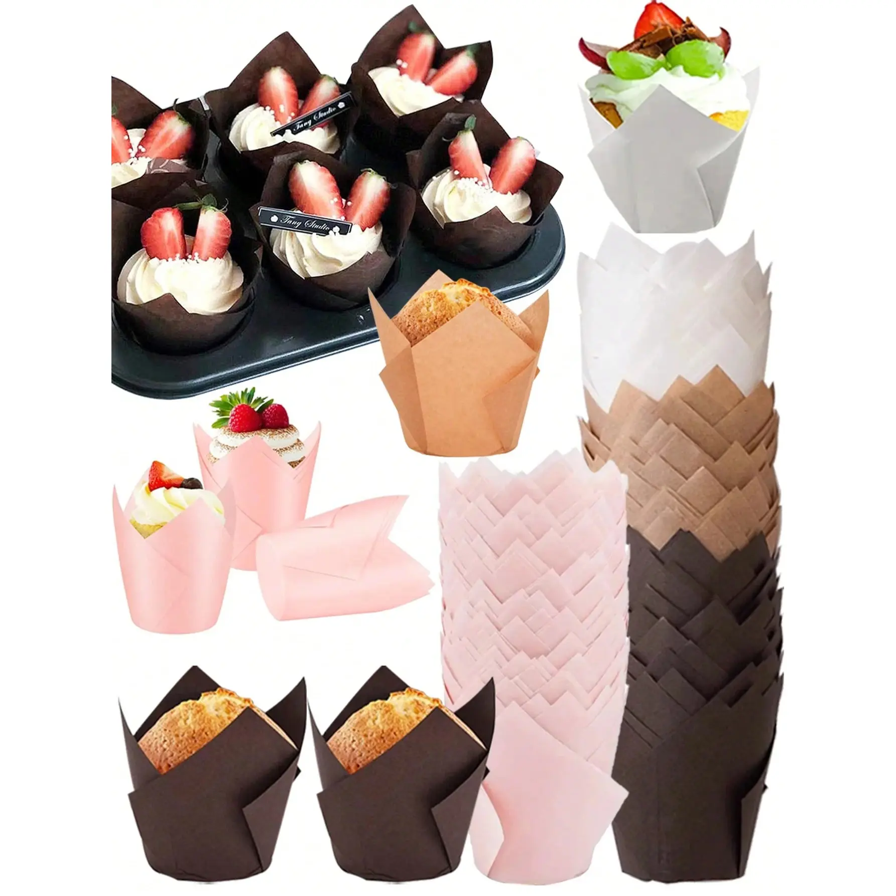 50 tulip-shaped cake liners, cowhide/coffee/pink/white cloud/coffee cloud Baking paper cups, oil-resistant and easy-to-release cupcake stands, suitable for parties and holidays, Bakeware Cute, Baking Supplies