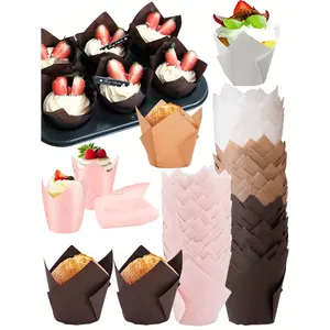 50 tulip-shaped cake liners, cowhide/coffee/pink/white cloud/coffee cloud Baking paper cups, oil-resistant and easy-to-release cupcake stands, suitable for parties and holidays, Bakeware Cute