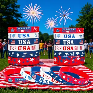 [6-Pack] American Flag Red-White-Blue Printed Bracelets, American Independence Day Holiday Commemorative Silicone Star Bracelets