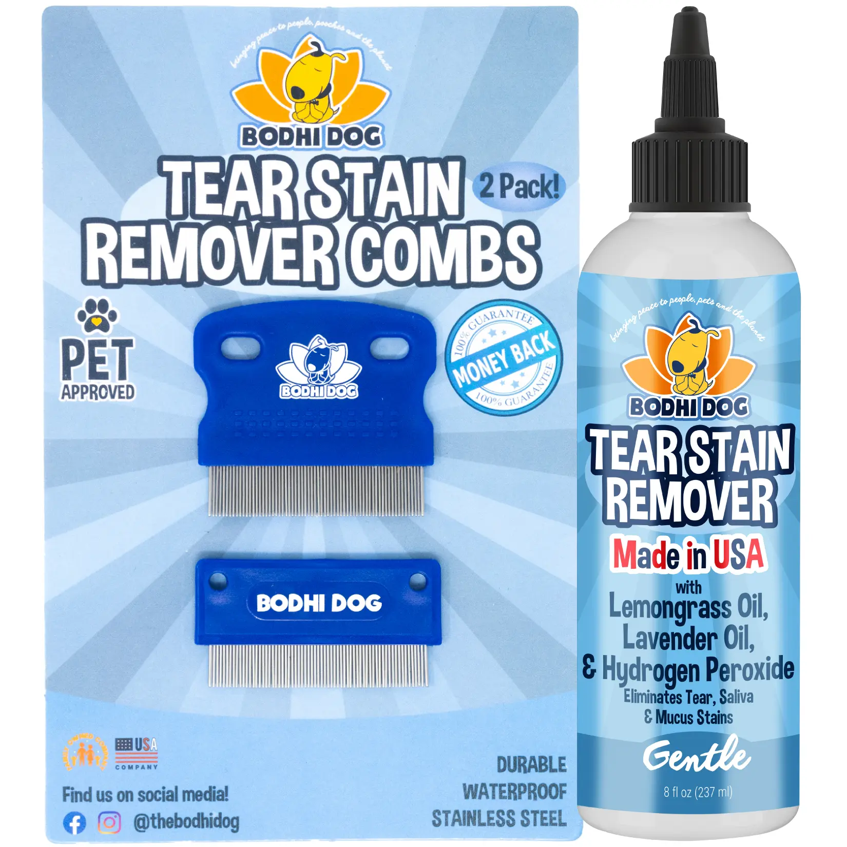Tear Stain Remover & Tear Stain Remover Combs - Gently Removes Stains, Dirt from Pet Eyes - Safe & Gentle on Dogs and Cats - Cleans Delicate Fur - Ideal for Grooming & Tear Stain Prevention - Made in the USA by Bodhi Dog