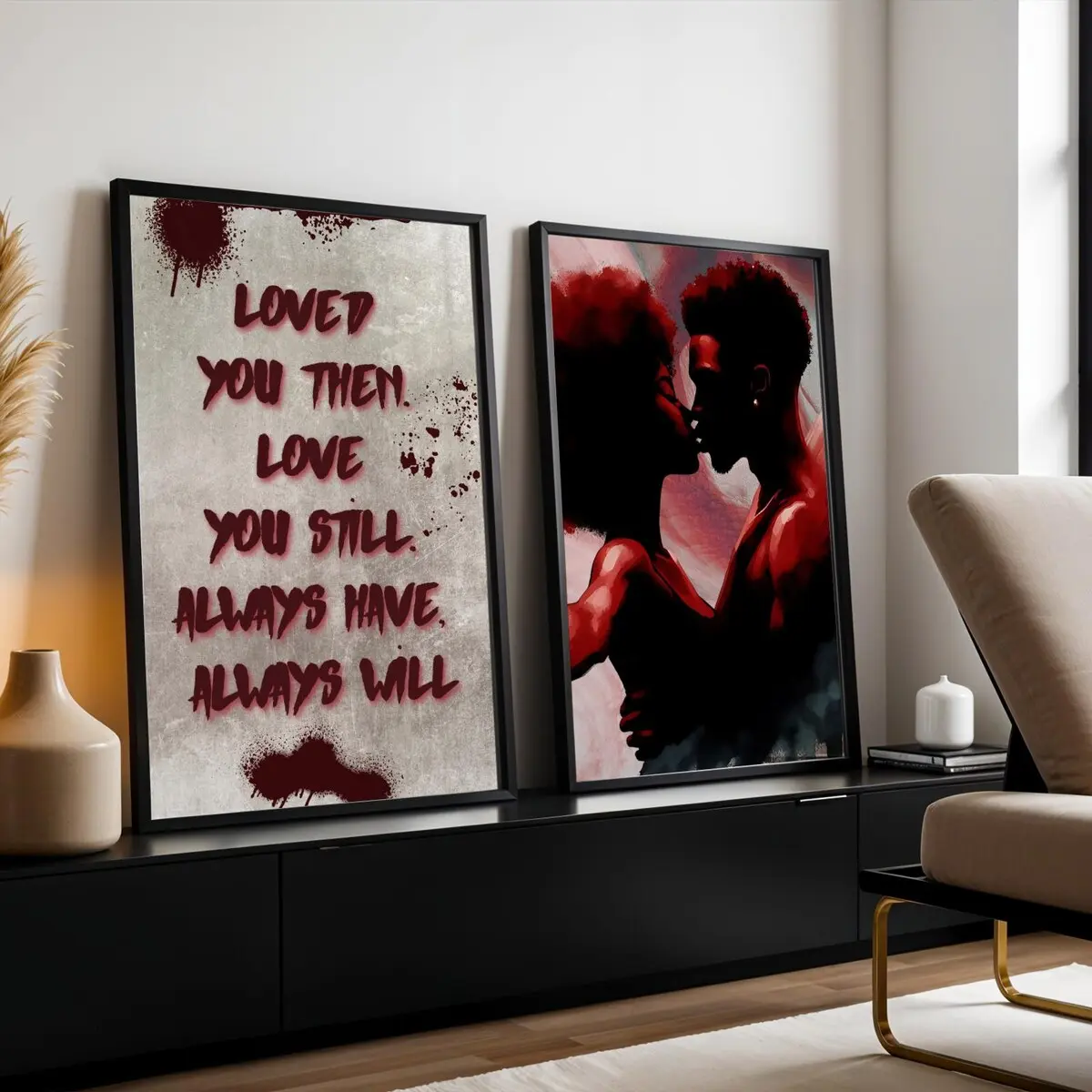 Black Love Wall Art Set of 2 – Black Man and Woman Silhouette Posters, Romantic Black Couple in Love Artwork for Bedroom or Living Room Decor, Unframed