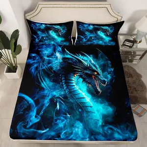 3D Dragon Fitted Sheet,Black Blue Foggy Bedding Set,Western Magical Theme Animals Bed Sheet Men Adult Room Decor,Cool Flying Dragon Deep Pocket Sheet